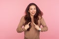 Wow, I`m winner! Portrait of amazed boastful young woman with brunette hair pointing herself, shocked by success