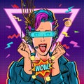 Wow joy vr glasses woman gamer virtual reality online. 80s girl Royalty Free Stock Photo