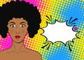 Wow pop art face. surprised african woman with open mouth a Royalty Free Stock Photo