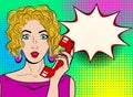 Wow pop art female face. surprised blond young woman with o Royalty Free Stock Photo