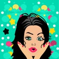 Wow pop art female face. Sexy surprised young woman with open mouth and black hair. Vector bright background in pop art Royalty Free Stock Photo