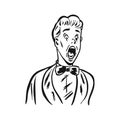 Wow pop art male face. Surprised happy young man in suit, bow tie and glasses with open mouth rises hands screaming