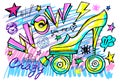 Wow rollers skates girls trendy shoes, high heel, sport slogan lettering. Color pencil, marker, ink, pen doodles sketch style.