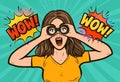 Wow. Sexy surprised woman with open mouth looking through binoculars. Vector illustration in pop art retro comic style Royalty Free Stock Photo