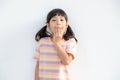 Wow. Studio shot of emotional adorable Asian little girl raising eyebrows and covering open mouth with hand being surprised and