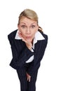 Wow, surprise and business woman on a white background for office gossip, secrets and information. Corporate fashion