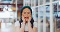 Wow, surprise and excited with a business asian woman looking shocked by putting her hands on her face in expression Royalty Free Stock Photo