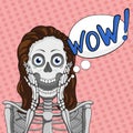 WOW! Surprised female skeleton.Bubble speech element.Brown hair.