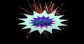 Wow text on retro speech bubble against firework exploding on black background Royalty Free Stock Photo
