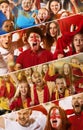 Set of emotive male and female football, soccer fans from different countries cheering their teams at stadium. Concept Royalty Free Stock Photo