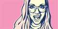 Wow woman. Pop art surprised blond woman face with open mouth. Woman with glasses.