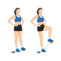 Woman doing Resistance band knee lift. Standing knee raises. Abdominal exercise