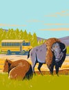 Wildlife Bus Tour and Bison in the Prairie of Yellowstone National Park Wyoming WPA Poster Art Royalty Free Stock Photo