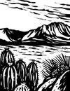 Chihuahuan Desert in Big Bend National Park West Texas USA Mexico Border WPA Woodcut Black and White Art