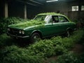 Wracked old rusty Russian car overgrown with foliage in jungle forest illustration