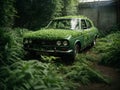 Wracked old rusty Russian car overgrown with foliage in jungle forest illustration