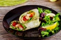 Wrap with grilled chicken and vegetable on plate with green salad and lemon Royalty Free Stock Photo