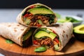 wrap stuffed with smoky bbq veggies and avocado slices