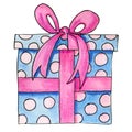 Wrapped blue with pink spots gift cardboard box decorated with ribbon and bow isolated on white background. Watercolor hand drawn Royalty Free Stock Photo