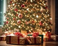 Wrapped christmas gifts under decorated Christmas tree, generative ai
