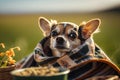 wrapped in clothes funny dog pet chihuahua outdoors Generative AI