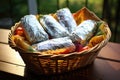 wrapped foil burritos in a basket, ready for on-the-go