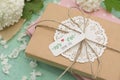 Wrapped gift and flowers Royalty Free Stock Photo