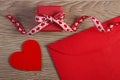 Wrapped gift, red heart and love letter for Valentines Day, copy space for text Royalty Free Stock Photo