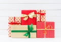 Wrapped gifts boxes on white wooden background. Copy space Royalty Free Stock Photo