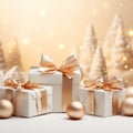 wrapped gifts with gold colored ribbons. Generative Ai