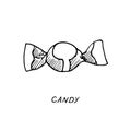 Wrapped hard candy, lollipop drawing, vintage doodle outline illustration style, hand drawn doodle, sketch, vector