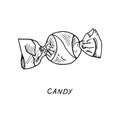 Wrapped hard candy, lollipop drawing, vintage doodle outline illustration style, hand drawn doodle, sketch, vector