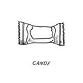Wrapped hard candy, lollipop drawing, vintage doodle outline illustration style, hand drawn doodle, sketch, vector with