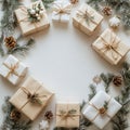 Wrapped holiday gifts arranged in a circular pattern surrounded by pine branches and cones Royalty Free Stock Photo