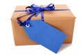 Wrapped package or parcel, blue gift tag or label, isolated on white