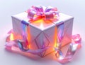 Wrapped Pink Gift Box with Iridescent Ribbon Glows on White Background Royalty Free Stock Photo