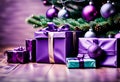 purple christmas gift parcels under a tree decorated with matching baubles Royalty Free Stock Photo