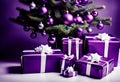 purple christmas gift parcels under a tree decorated with matching baubles Royalty Free Stock Photo