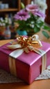 Wrapped rectangular present in pink paper with golden bow and flowers on the table creates a celebratory atmosphere Royalty Free Stock Photo