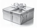 Wrapped Silver Gift Box with Ribbon Bow on White Background Holiday Celebration Present Royalty Free Stock Photo