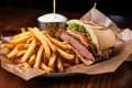 wrapped smoked beef brisket sandwich with fries Royalty Free Stock Photo