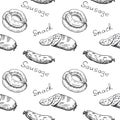 Wrapper. Vintage seamless pattern with sausage, snack and text.