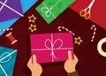 Wrapping christmas gift boxes. Flat vector