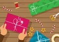 Wrapping christmas gift boxes. Top view table with items. Flat vector