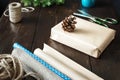 Wrapping Christmas gift boxes wooden table Rustic Christmas Wrapping presents background Royalty Free Stock Photo