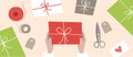 Wrapping gift box vector illustration. Preparation for the holidays.