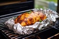 wrapping marinated chicken on rotisserie in foil
