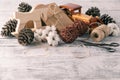 Wrapping rustic eco Christmas packages with brown paper, string