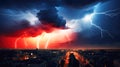 Wrath of God. Red and blue stormy sky with lightnings over a city skyline Royalty Free Stock Photo