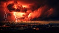 Wrath of God. Red stormy sky with lightnings over a city skyline Royalty Free Stock Photo